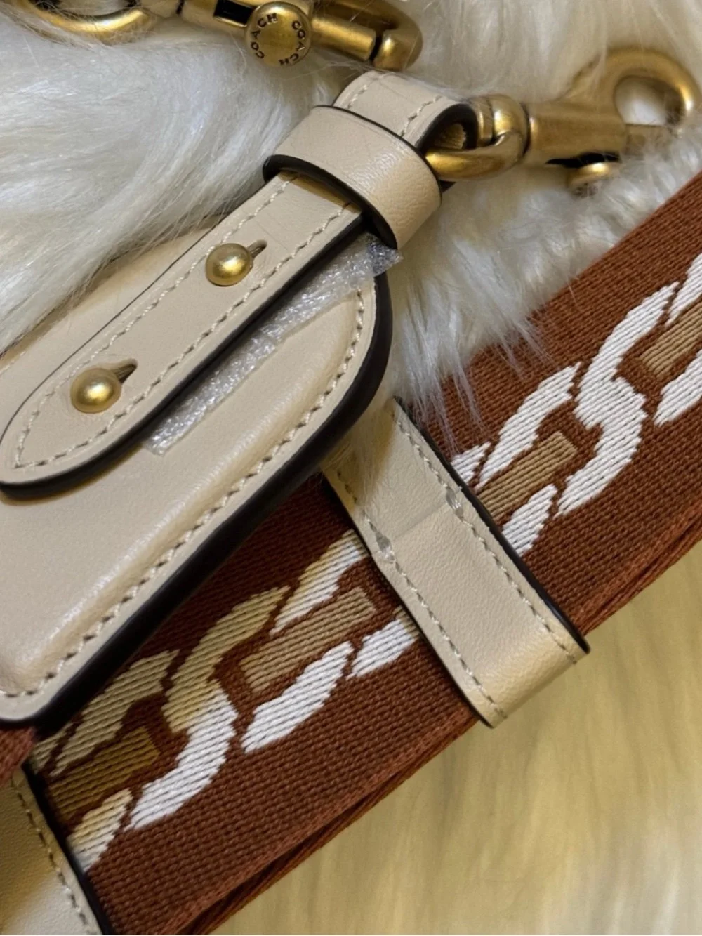 Coach Novelty Adjustable Brown Chain-Pattern Crossbody Strap with Cream Accents